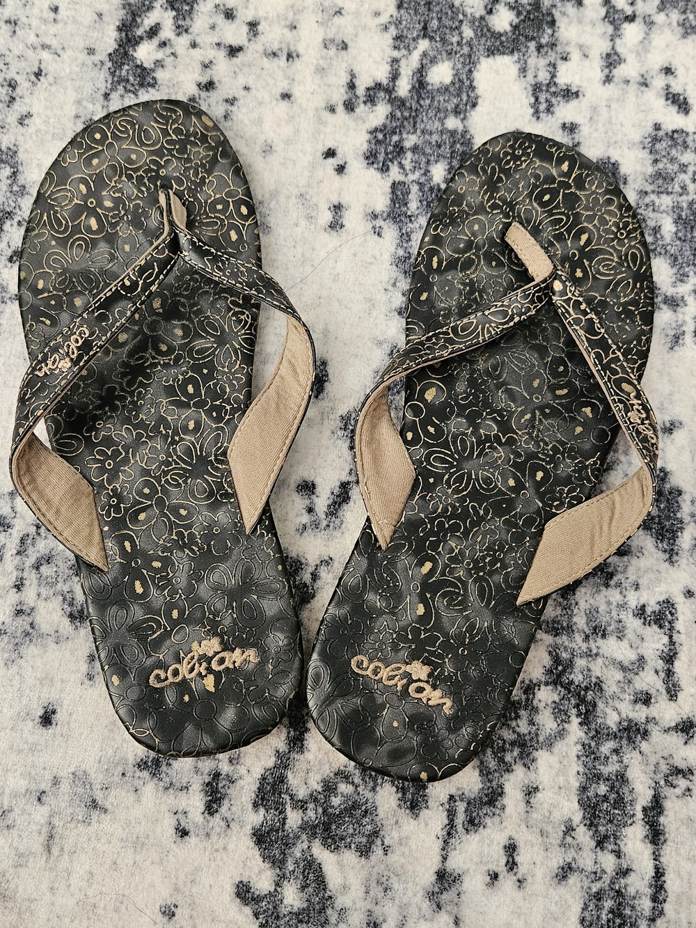 Cobian Women's Black Floral Flip Flops with Tan Straps